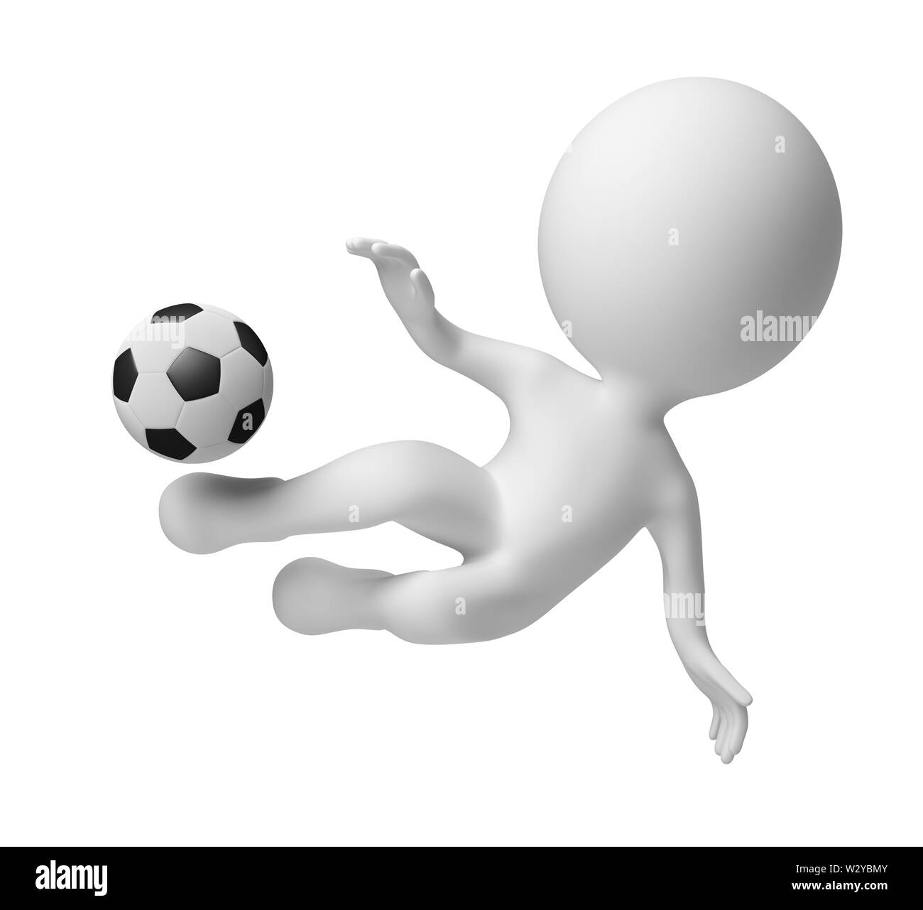 3d small people - soccer player striking in a jump on a ball . 3d image. Isolated white background. Stock Photo