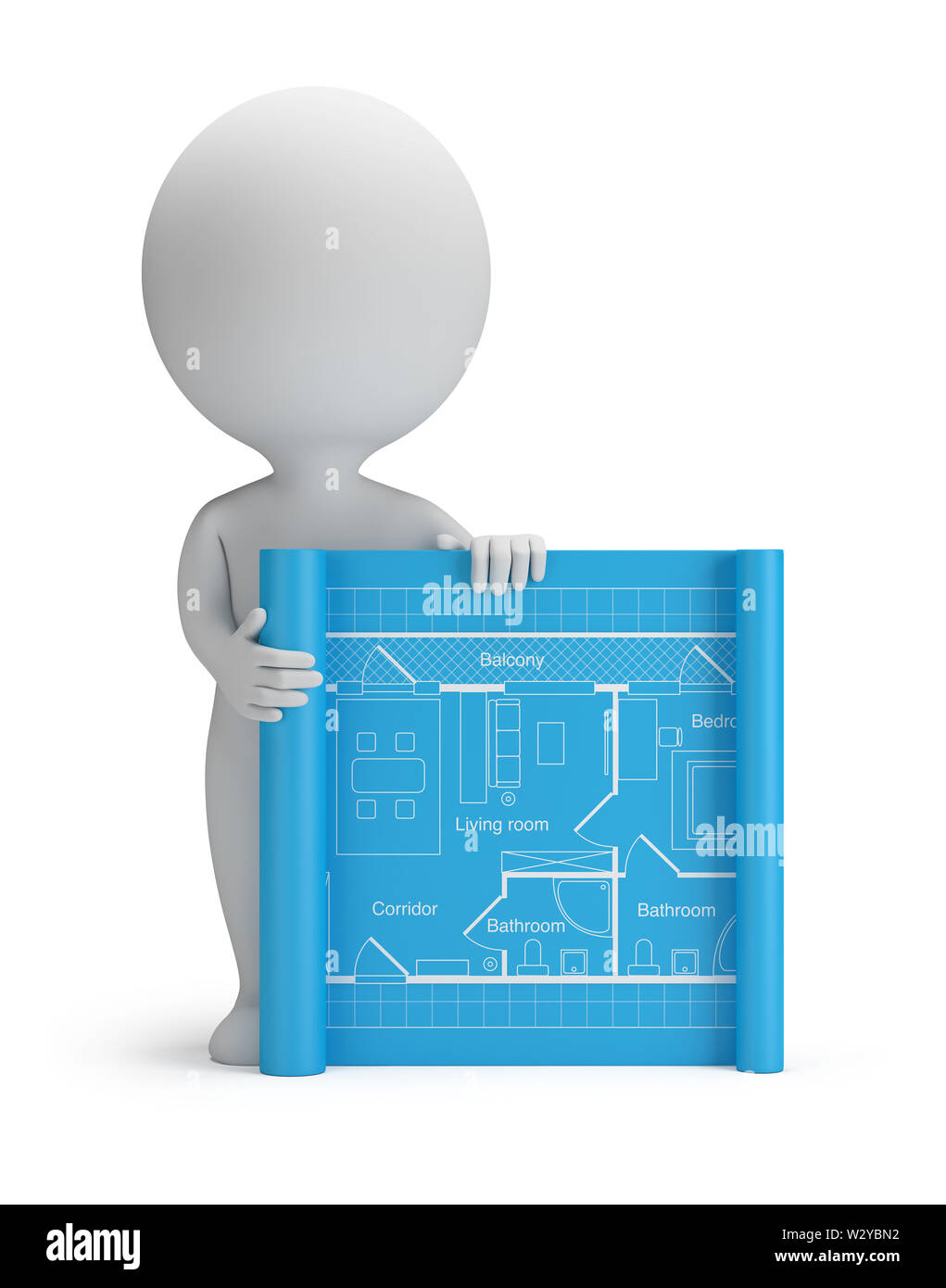 3d small person with a blueprint. 3d image. Isolated white background. Stock Photo