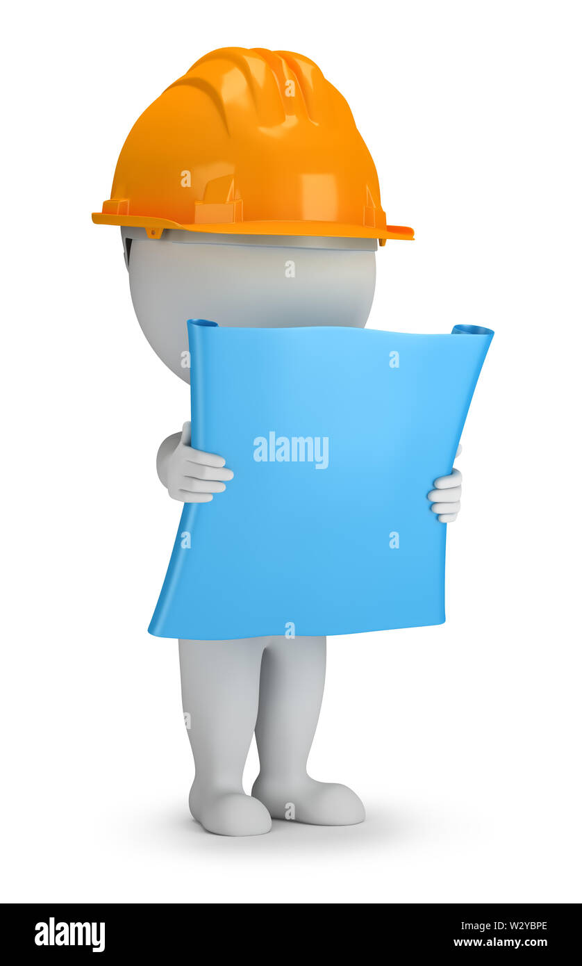 3d small person - builder with the plan in his hands. 3d image. White background. Stock Photo