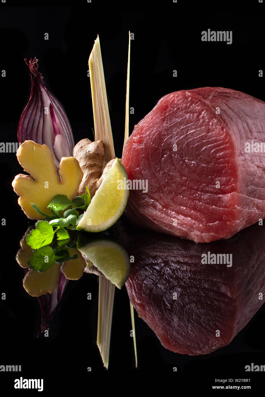 tuna fillet chunck in sushi and sashimi quality with components for poke bowl salad Stock Photo