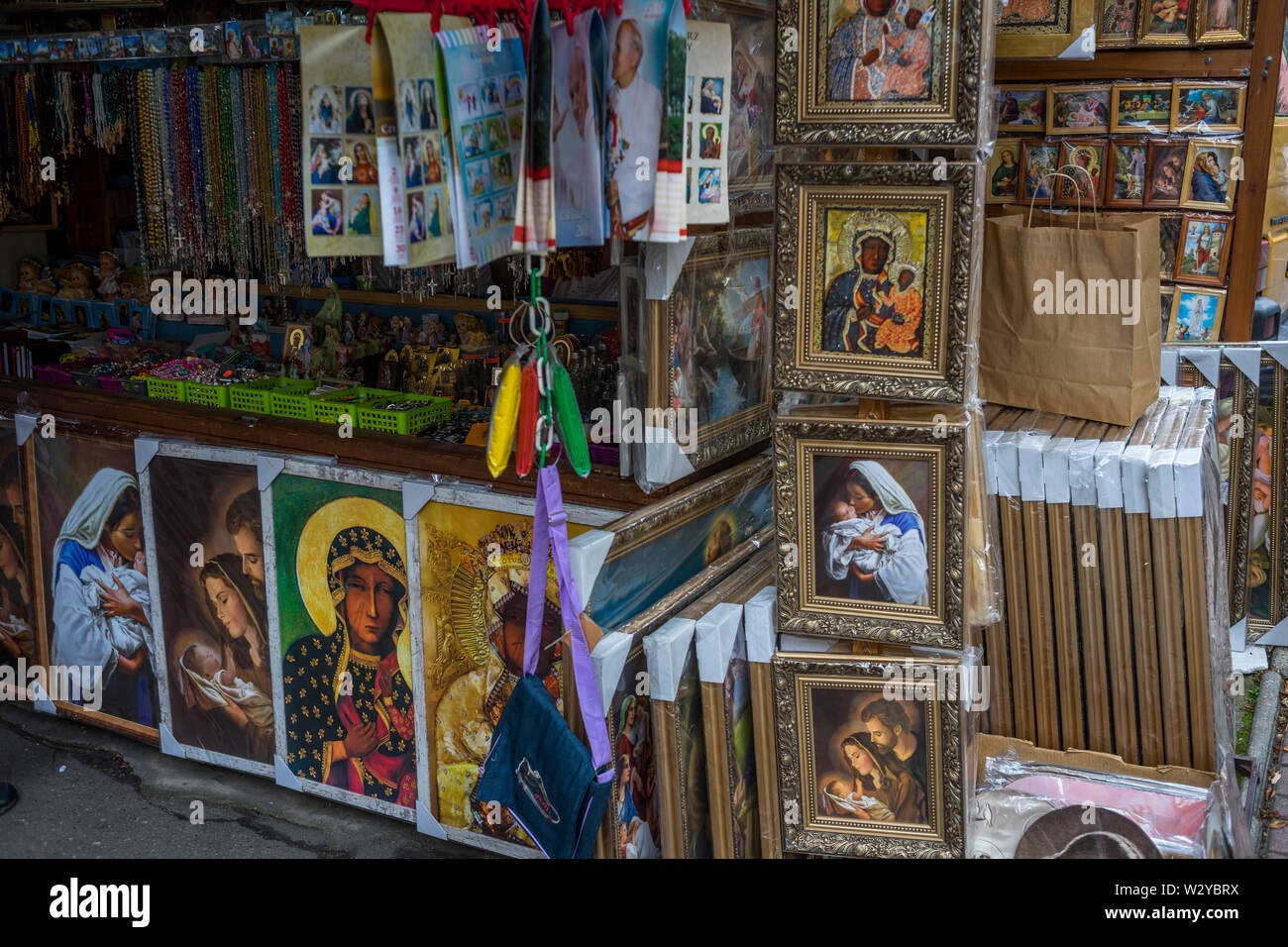 A bazaar in Saint Barbara Street where they sell souvenirs from the Black Madonna and Jasna Góra, Czestochowa, Poland 2018. Stock Photo