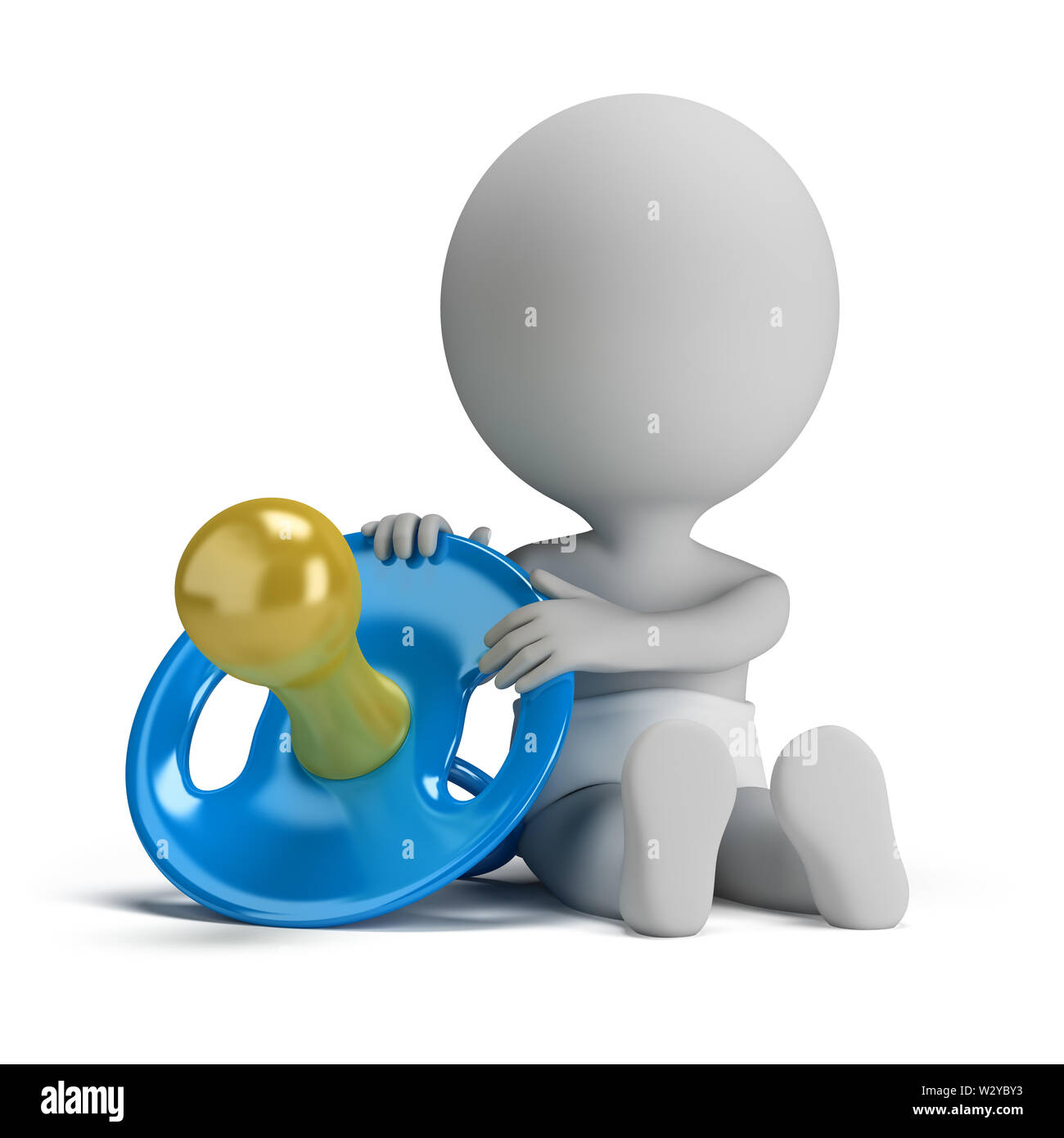 3d small person - child sitting next to a big pacifier. 3d image. Isolated white background. Stock Photo