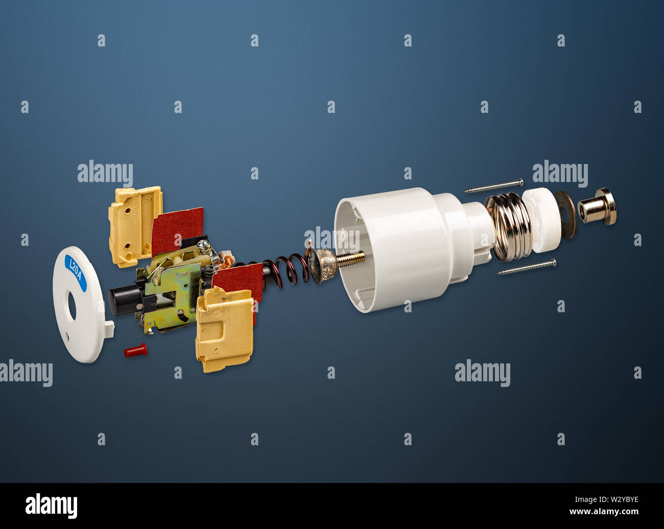 Explode view of old classic automate electrical fuse for home on blue