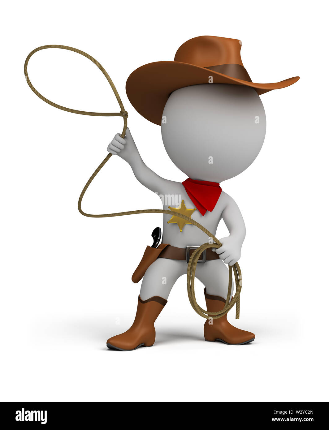 3d small person cowboy with lasso in hand, wearing a hat and boots. 3d image. Isolated white background. Stock Photo