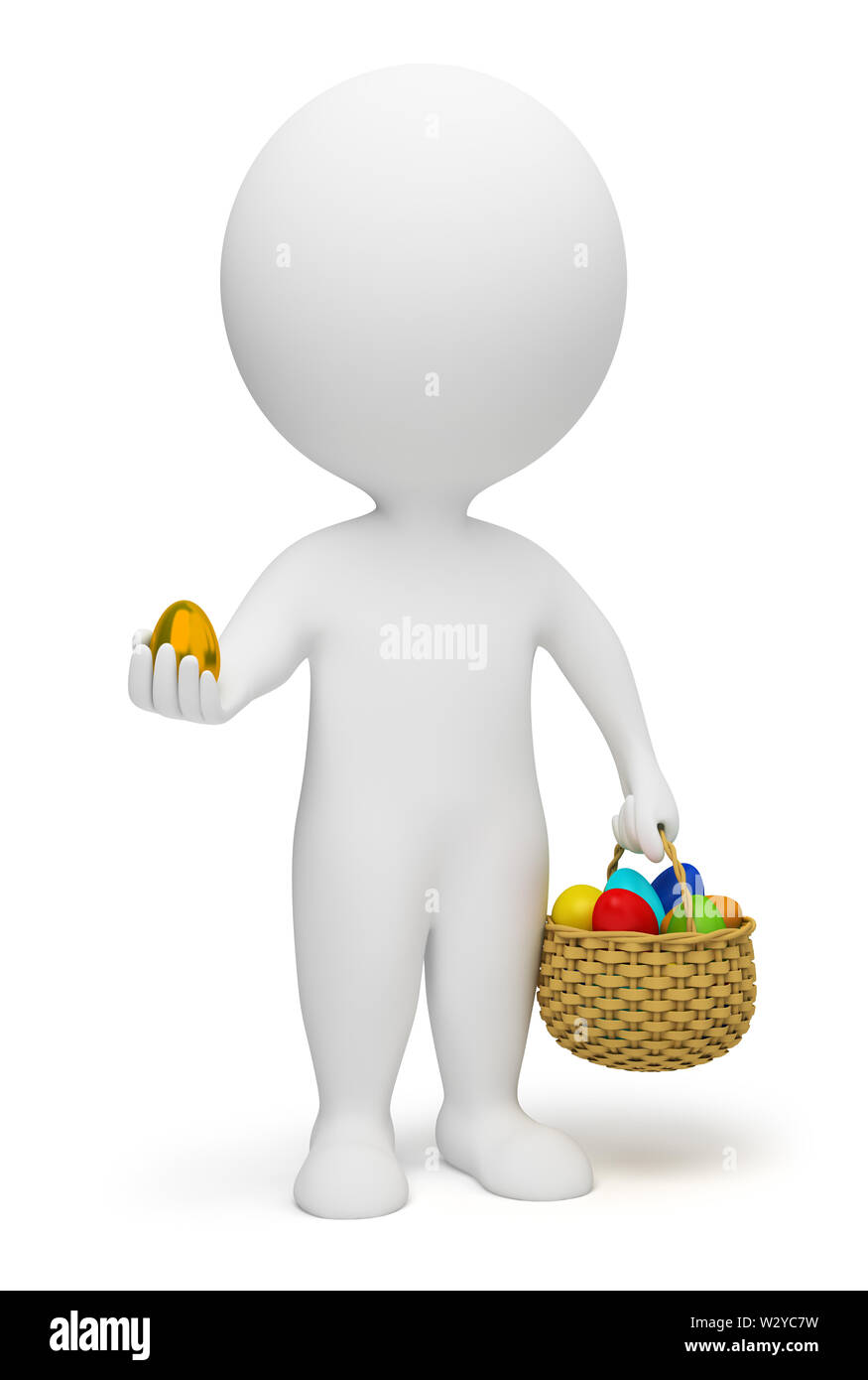 3d small people with a basket of Easter eggs. 3d image. Isolated white background. Stock Photo