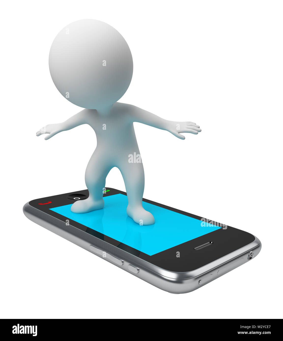 3d small people flying on a mobile phone. 3d image. Isolated white ...