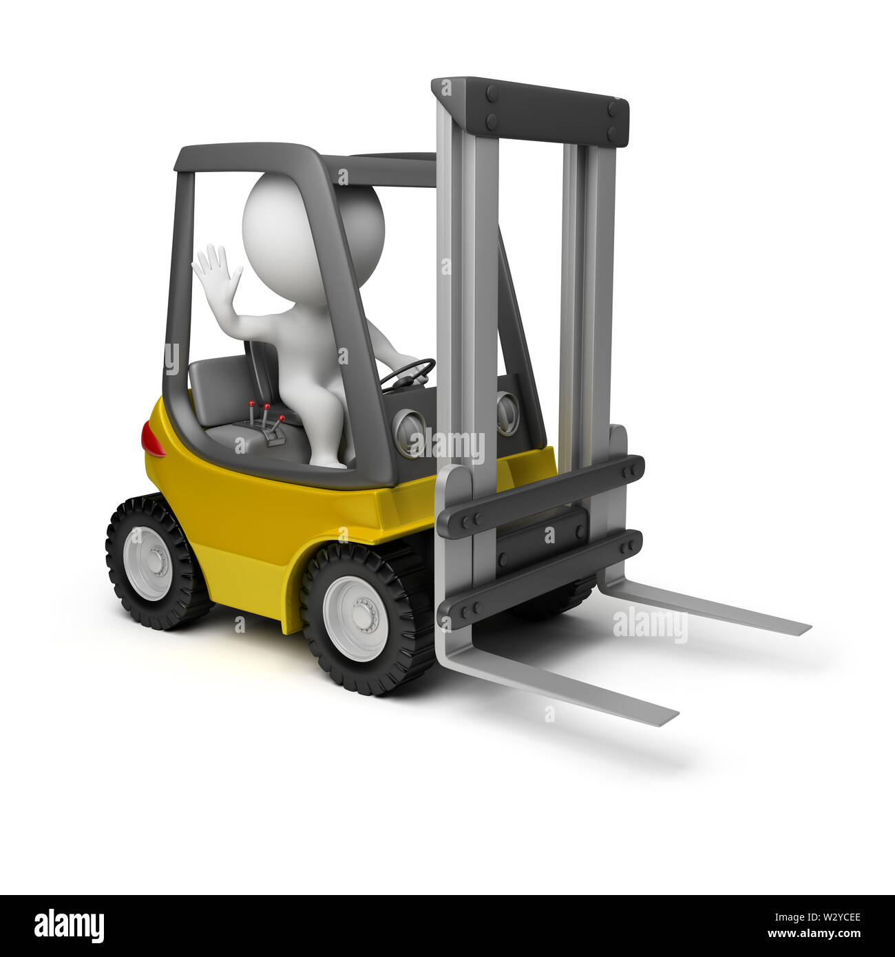 3d small person sitting in a forklift. 3d image. Isolated white background. Stock Photo