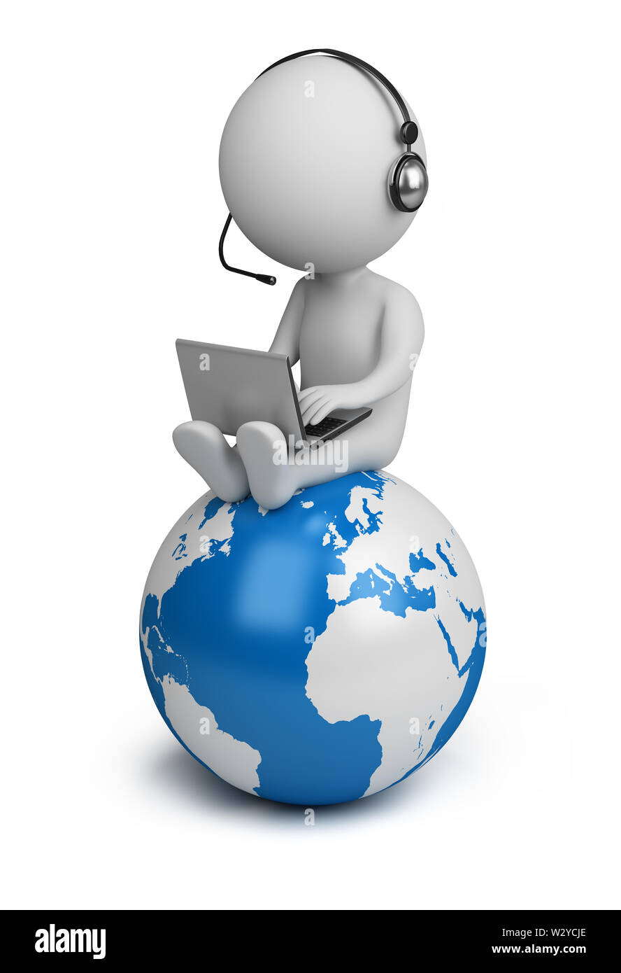 3d small person sitting on planet Earth with a laptop and headphones ...
