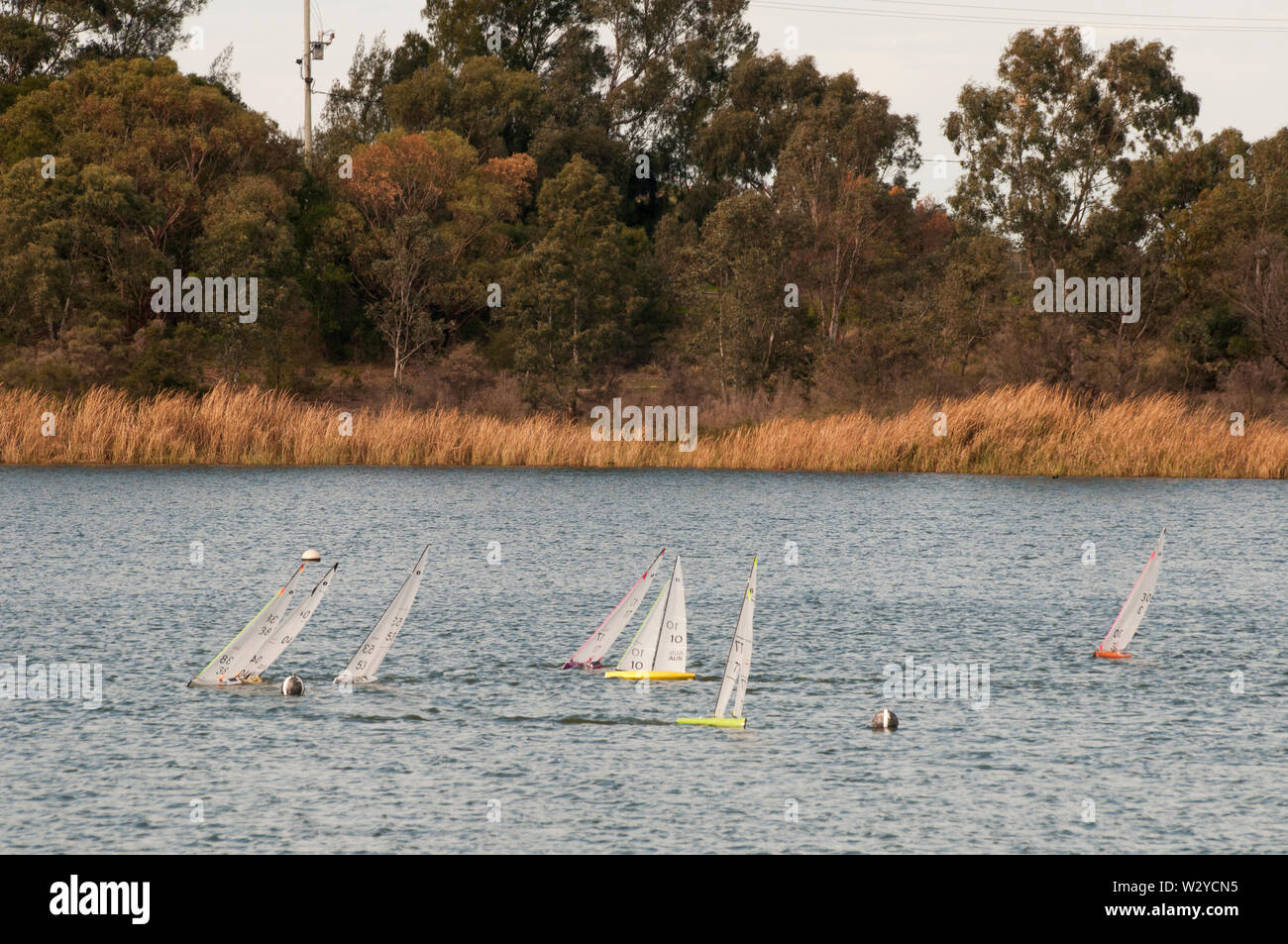 Radio-controlled model sailboats at Karkarook Park, Moorabbin, Victoria, a former sand quarry in the eastern suburbs of Melbourne, Australia Stock Photo