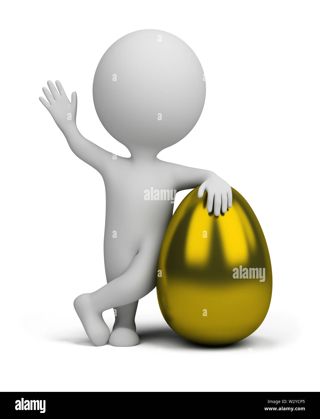 3d small person standing next to a golden egg. 3d image. Isolated white background. Stock Photo
