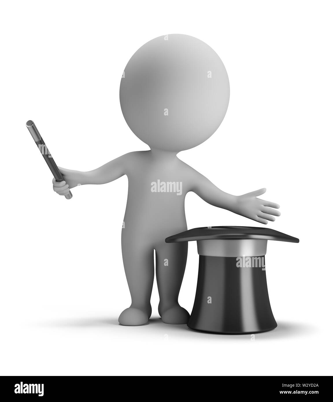 3d small person illusionist make tricks with magic hat . 3d image. Isolated white background. Stock Photo