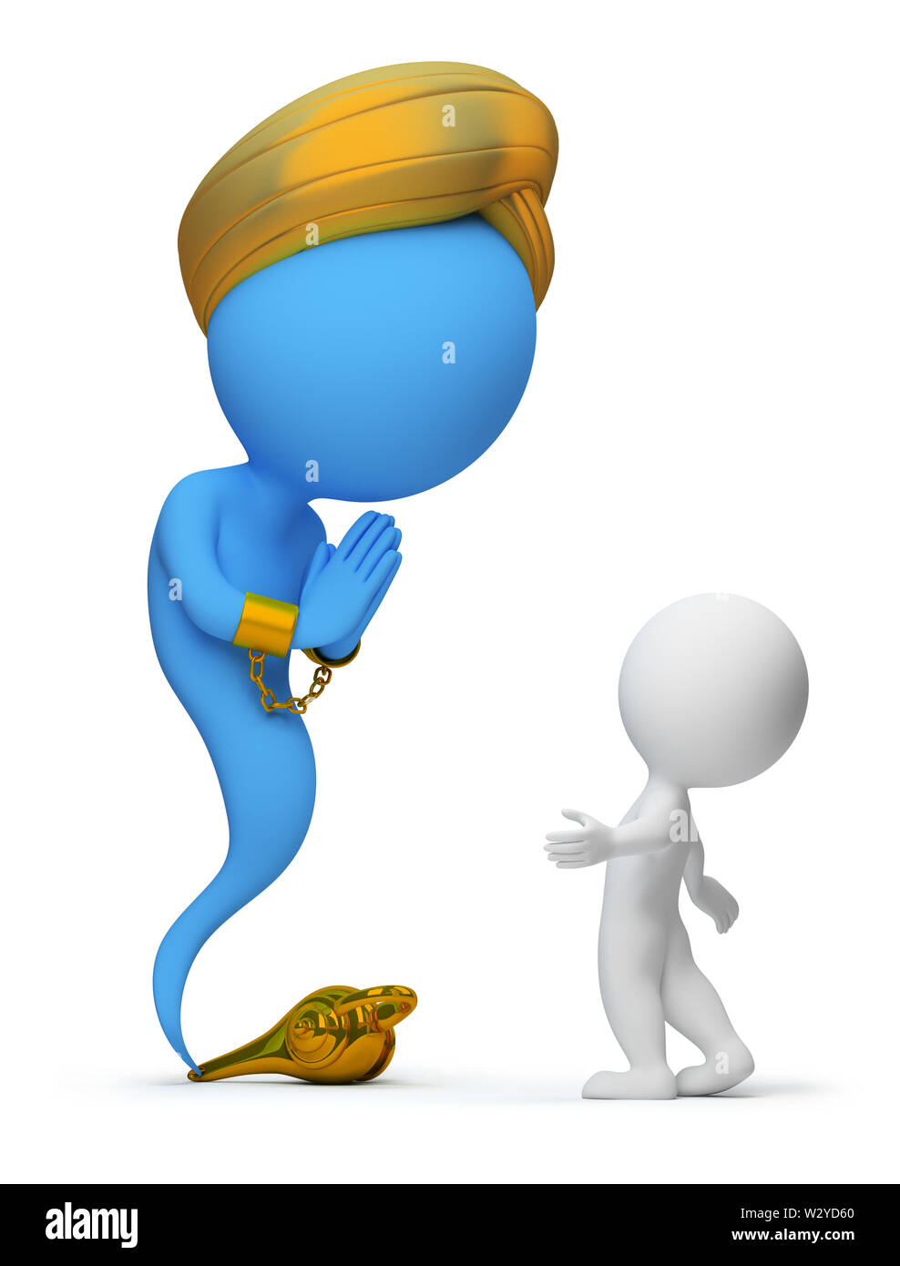 3d small people and the jinn appeared from a magic lamp. 3d image. Isolated white background. Stock Photo