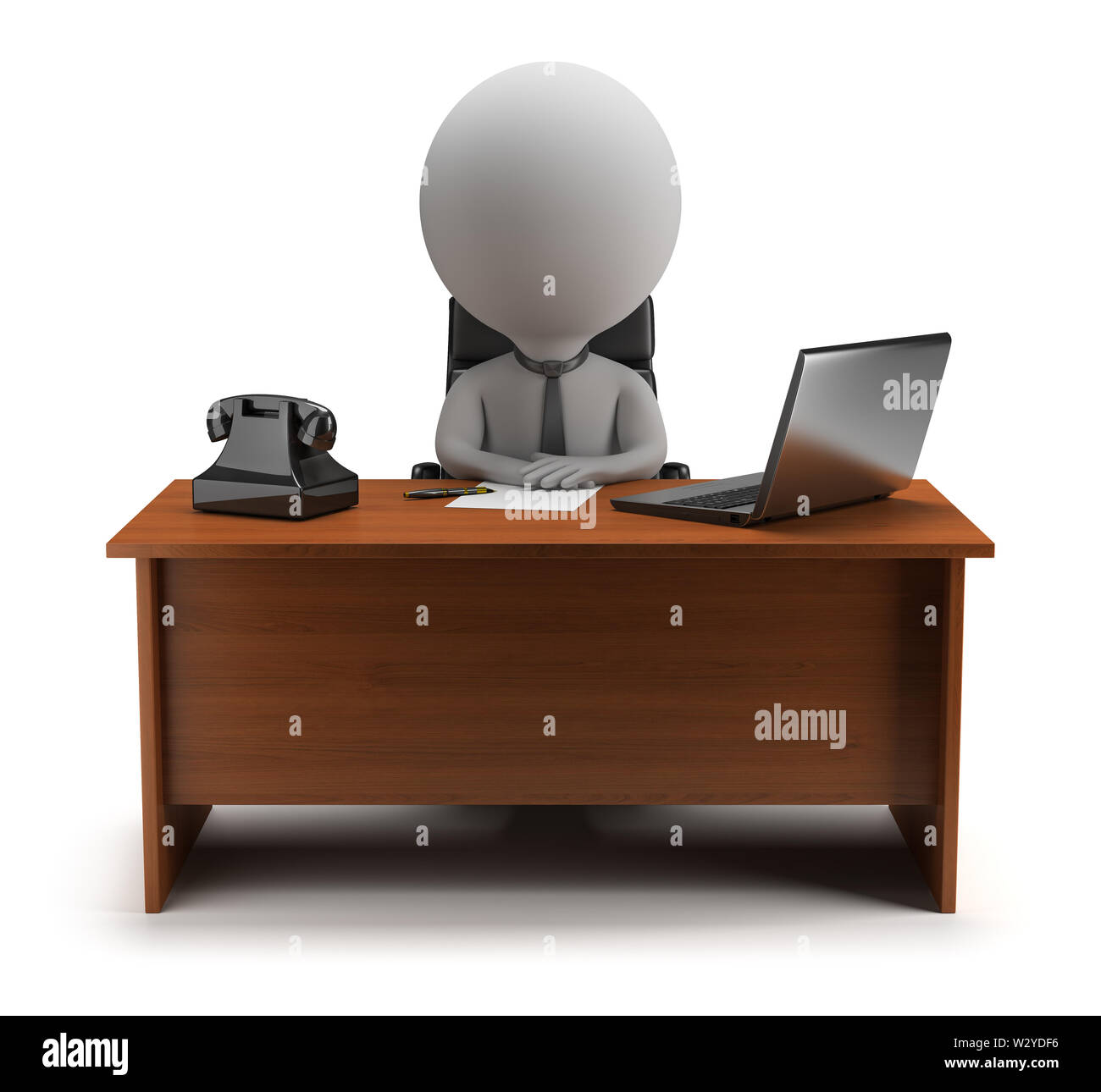 3d small person - manager sits at a desk with a laptop and phone. 3d image. Isolated white background. Stock Photo