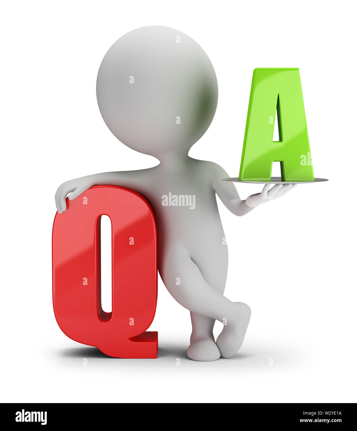 3d small person with the letter Q and A. 3d image. White background. Stock Photo
