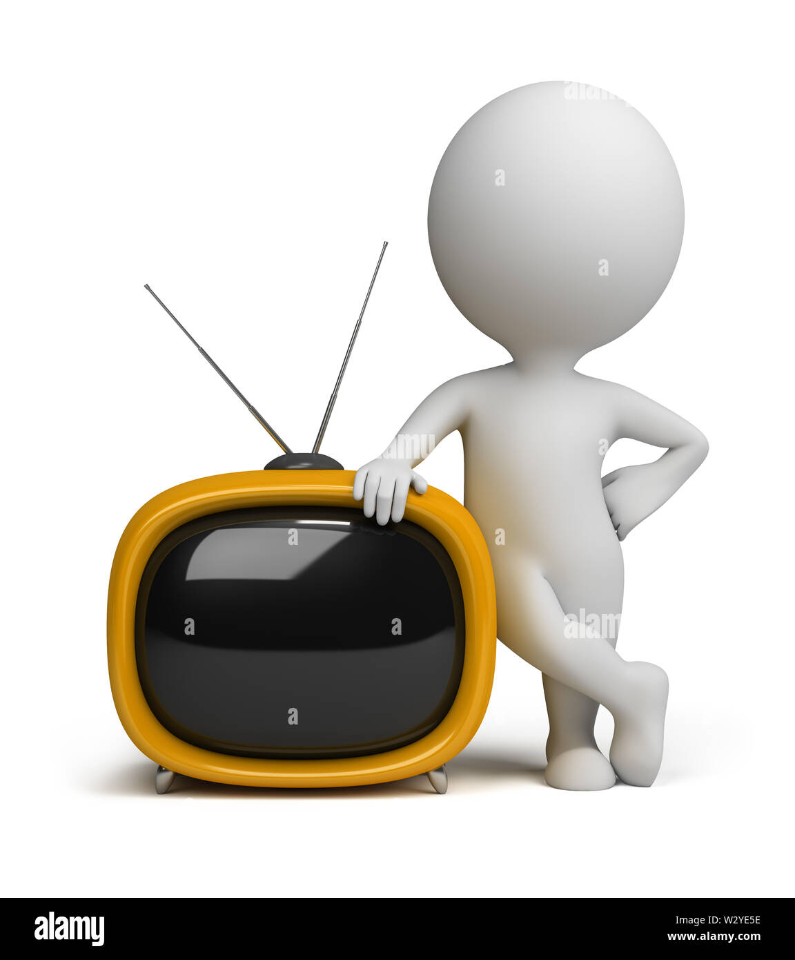 3d small person standing next to a yellow retro TV. 3d image. Isolated white background. Stock Photo
