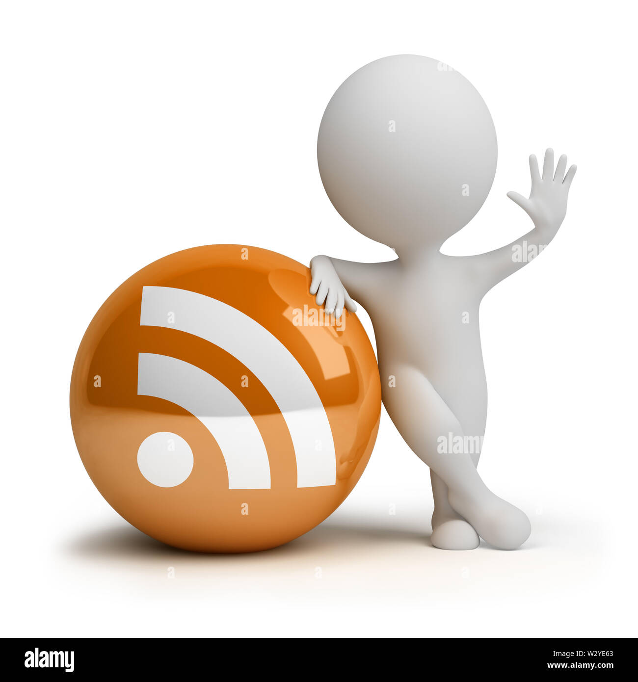 3d small person standing next to the rss icon. 3d image. Isolated white background. Stock Photo