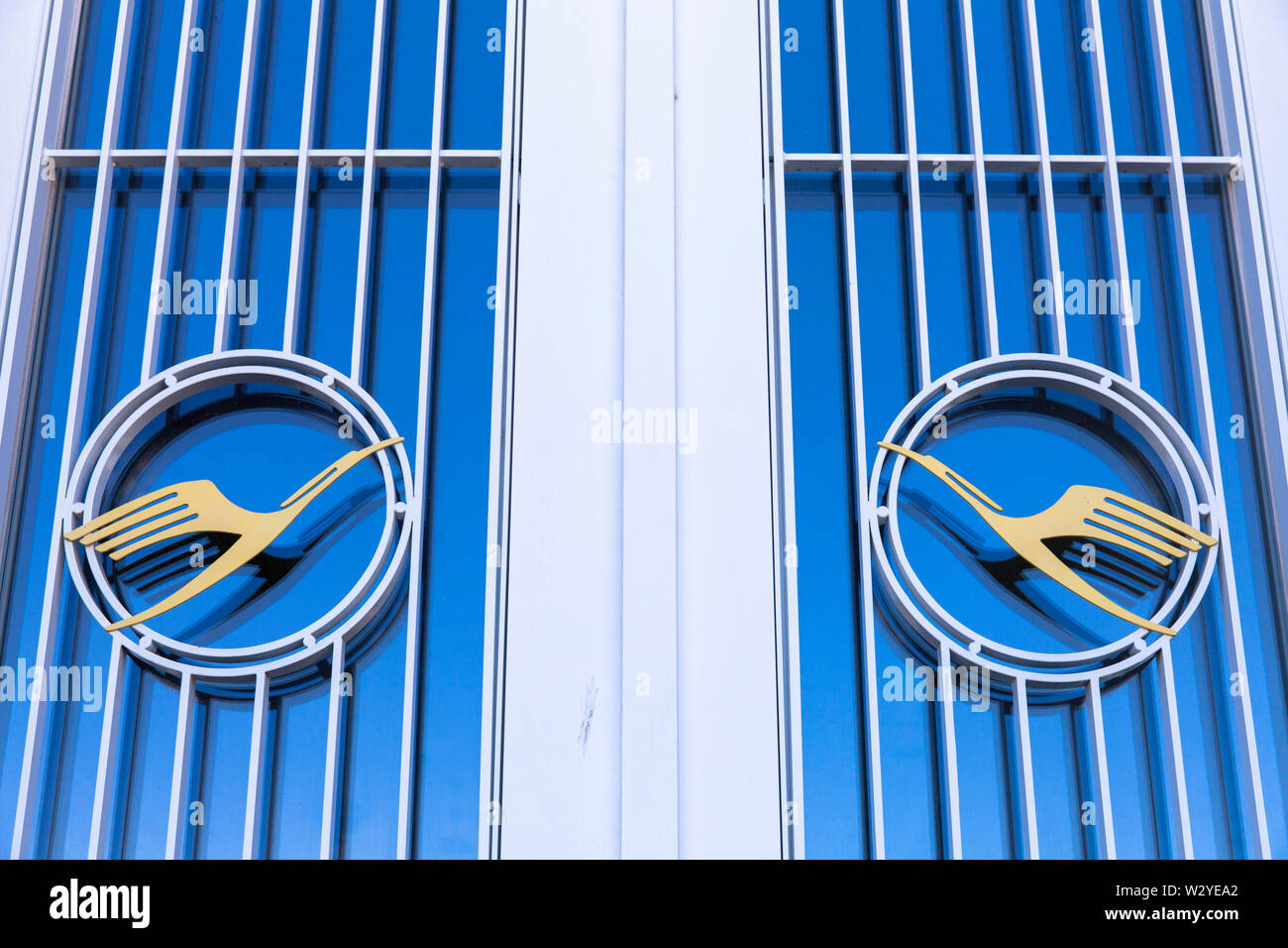 Lufthansa logos at the main building of the former airport Butzweilerhof in the district Ossendorf, Cologne, Germany.  Lufthansa-Logos am Hauptgebaeud Stock Photo