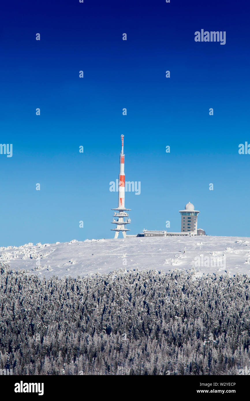 Brockenhotel with broadcasting tower, Brockenhaus, Brocken summit, Brocken-mountain, Harz National Park, Saxony-Anhalt, Germany Stock Photo