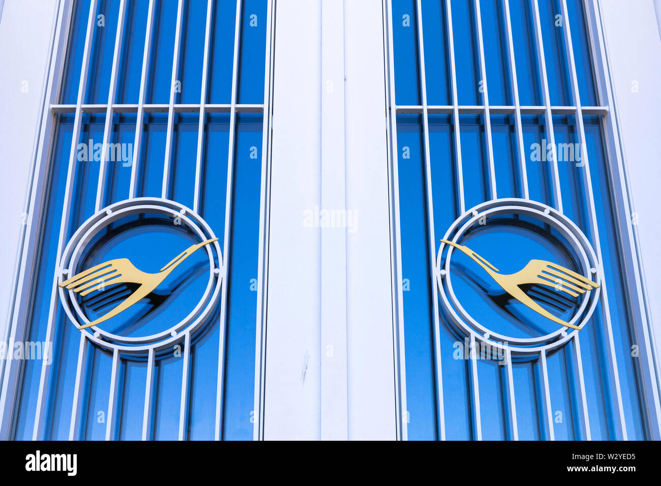 Lufthansa logos at the main building of the former airport Butzweilerhof in the district Ossendorf, Cologne, Germany.  Lufthansa-Logos am Hauptgebaeud Stock Photo