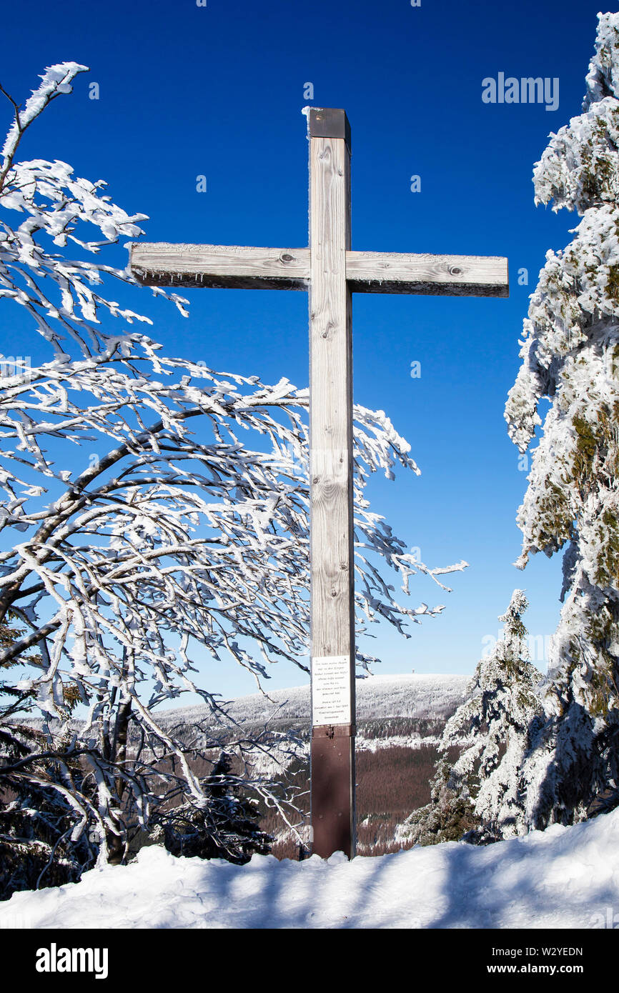 Summit cross on the summit, Wurmberg mountain, Lower Saxony, National park Harz, Braunlage, Germany Stock Photo