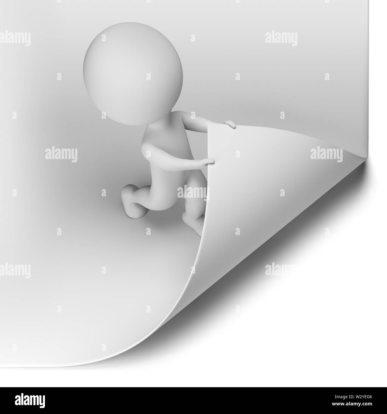 3d small person - scroll the large page. 3d image. Isolated white background. Stock Photo