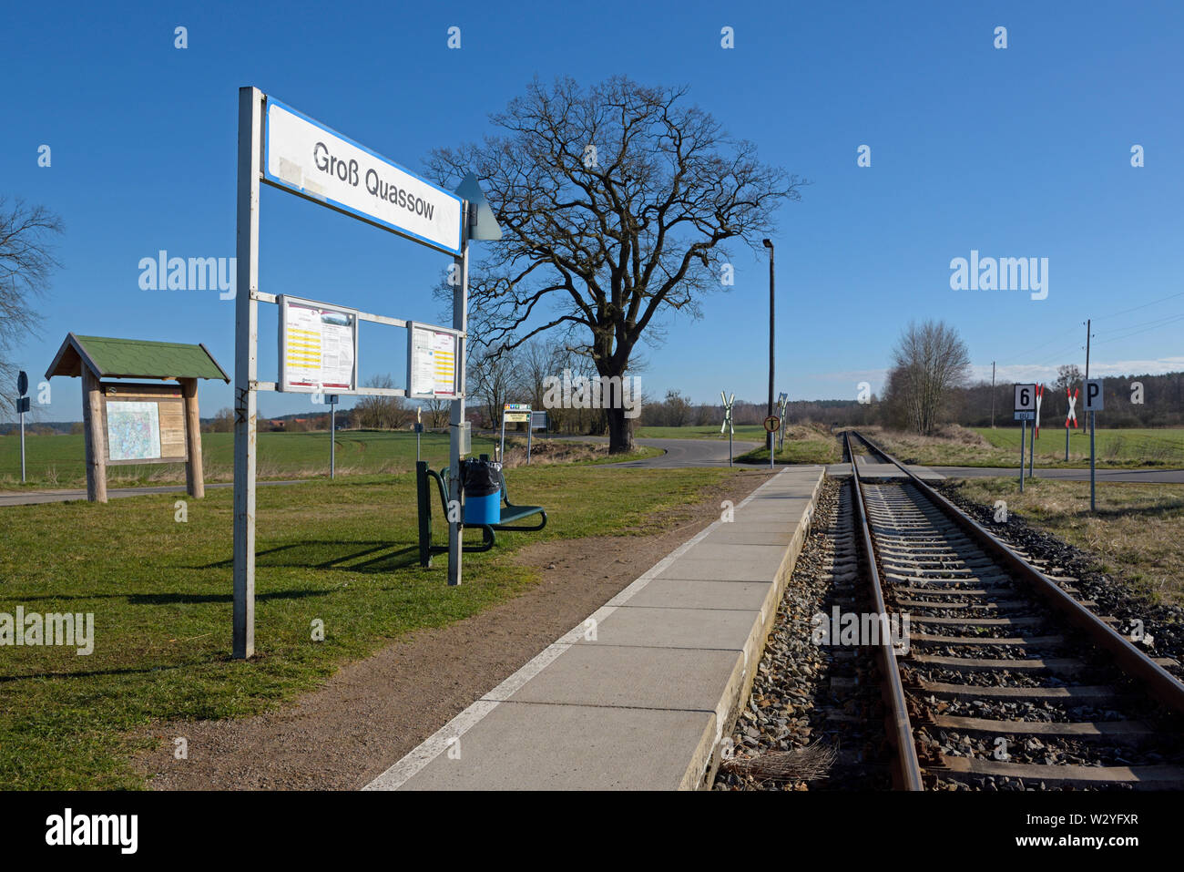 Small railway station, april, Gross Quassow, Mecklenburg-Vorpommern, Germany Stock Photo