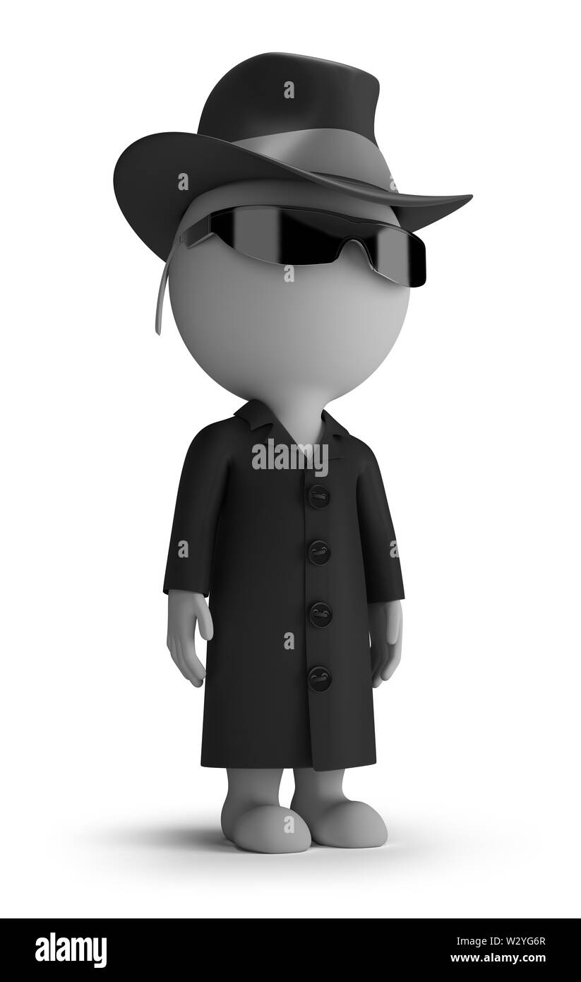 3d small person - spy wearing a hat, sunglasses and a raincoat. 3d image. White background. Stock Photo