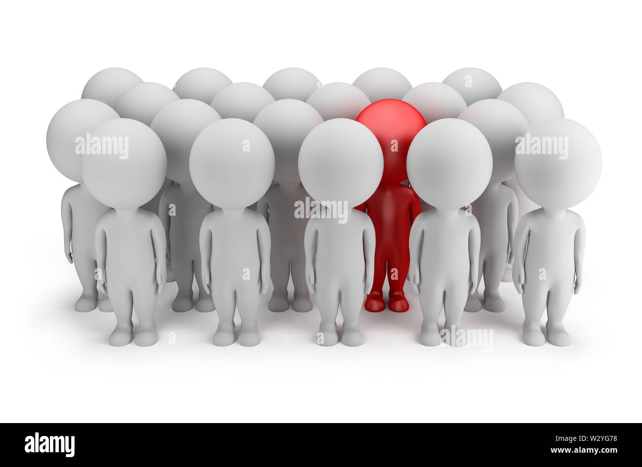 3d small person - stands out in a crowd of people in red. 3d image. White background. Stock Photo