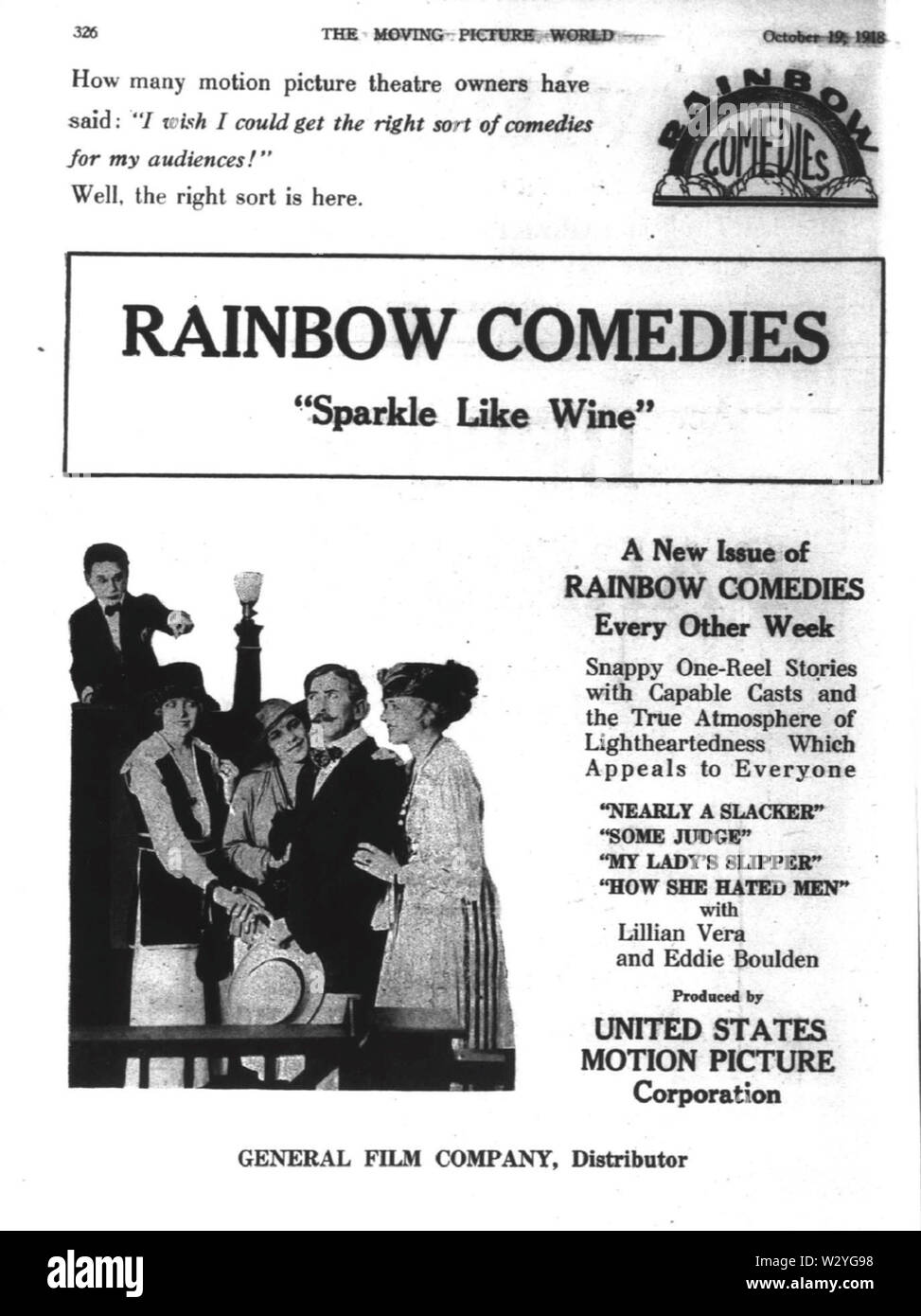 Rainbow Comedies, produced by the United States Motion PIcture Corporation in Wilkes-Barre, Pennsylvania, and distribured by the General Film Company in 1918 and 1919, starred Lillian Vera and Eddie Boulden. Stock Photo