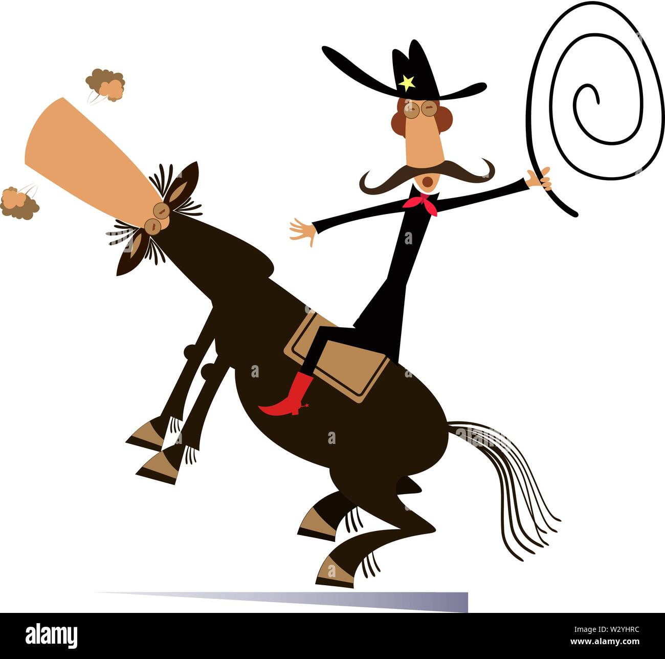 Cartoon rodeo illustration with cowboy holding a lasso and horse isolated on white Stock Vector