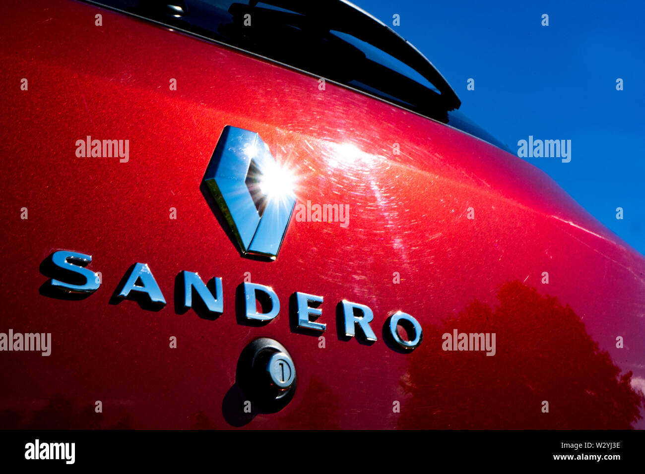 Magdeburg, Germany - June 2019: Renault Sandero logo symbol. Renault - French international automotive brand Stock Photo