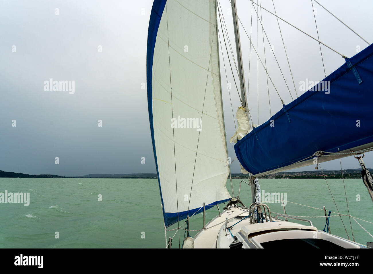 Sailboat on the lake Balaton ship prow view Stock Photo