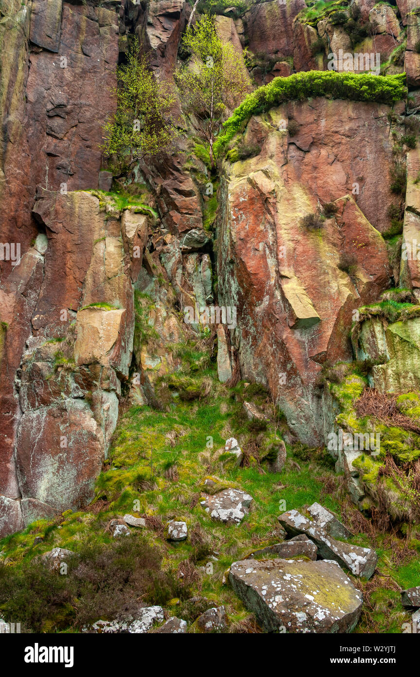 Portrait format view of an overhanging outcrop of gritstone topped with