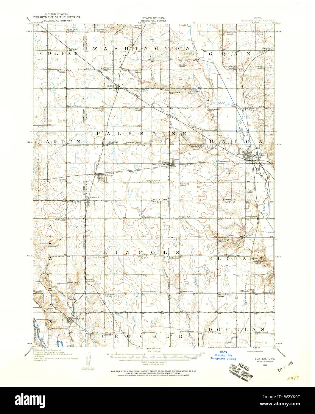 USGS TOPO Maps Iowa IA Slater 175552 1911 62500 Restoration Stock Photo