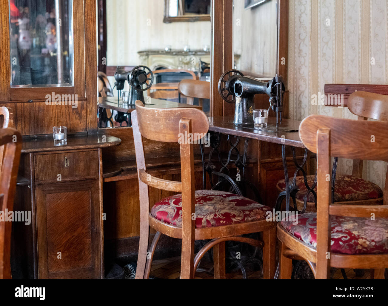 Interior of coffee shop in Kazimierz, the historic Jewish quarter of Krakow Poland, with sewing