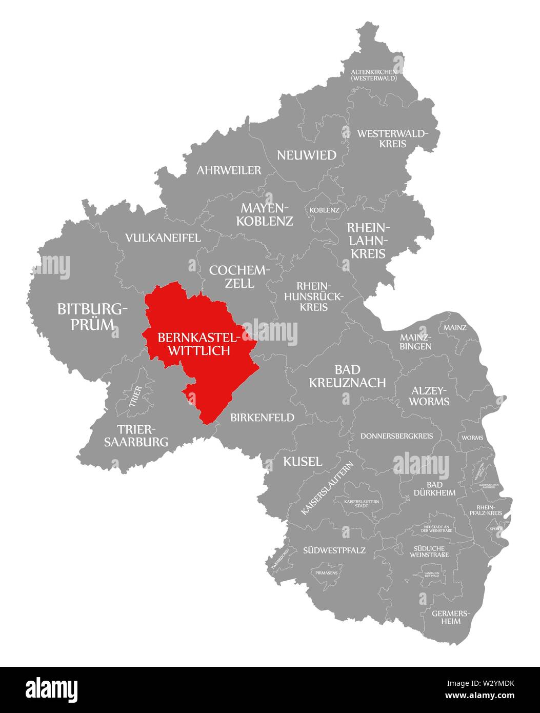 Bernkastel Wittlich red highlighted in map of Rhineland Palatinate DE Stock Photo
