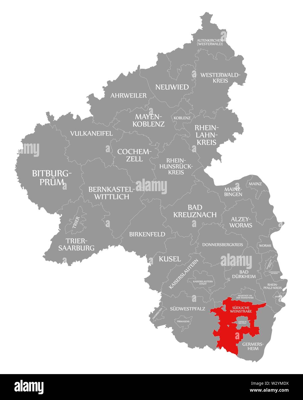 Suedliche Weinstrasse red highlighted in map of Rhineland Palatinate DE Stock Photo