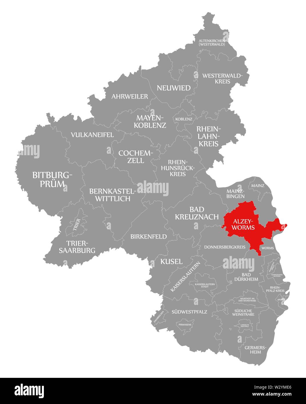 Alzey Worms red highlighted in map of Rhineland Palatinate DE Stock