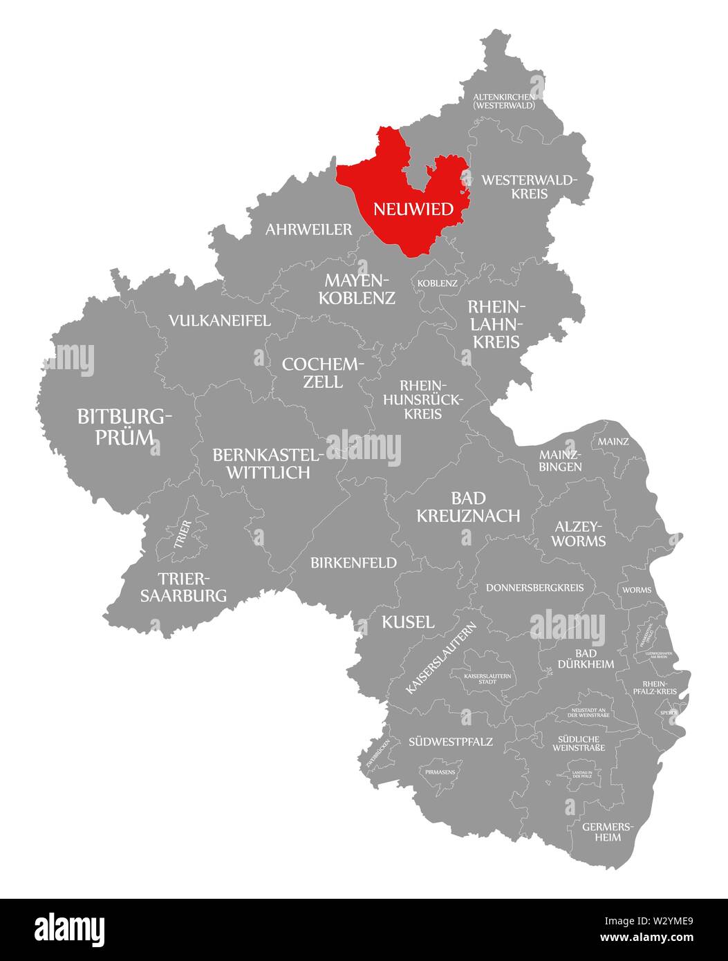 Neuwied red highlighted in map of Rhineland Palatinate DE Stock Photo