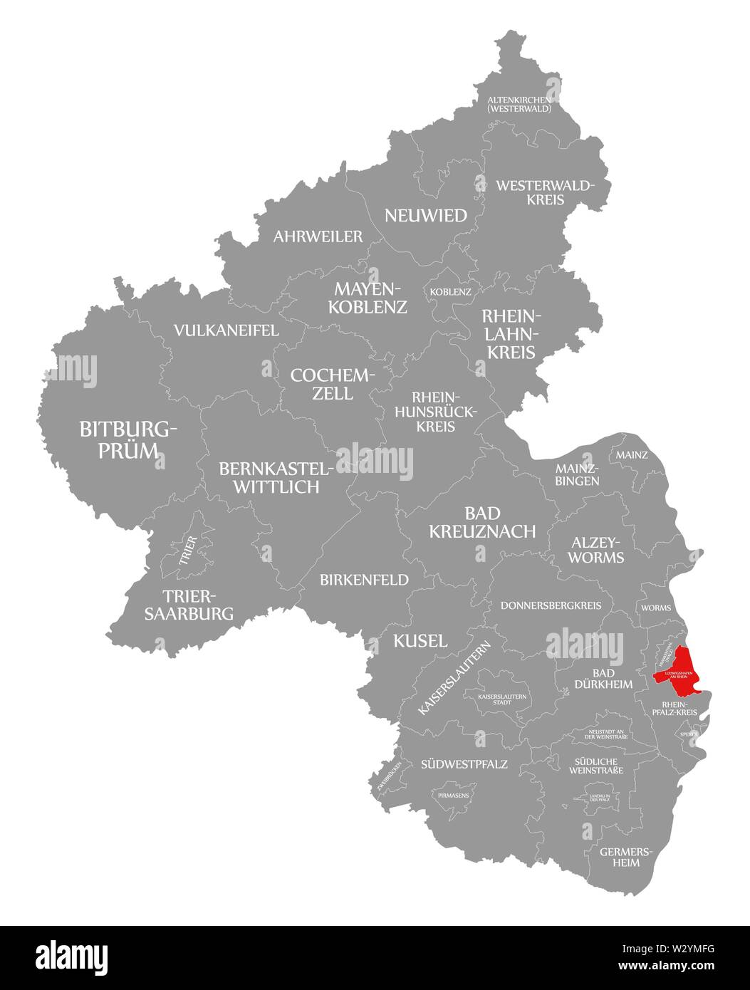 Ludwigshafen am Rhein red highlighted in map of Rhineland Palatinate DE Stock Photo