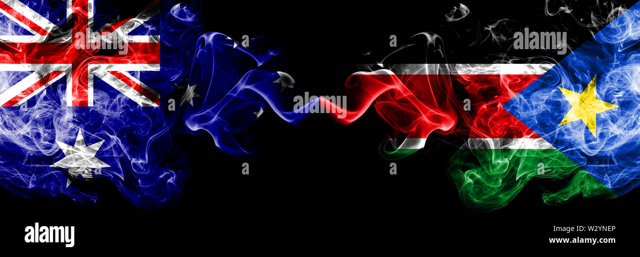 Australia vs South Sudan smoky mystic flags placed side by side. Thick colored silky smokes Australia vs South Sudan smoky mystic flags placed side by side. Thick colored silky smokes