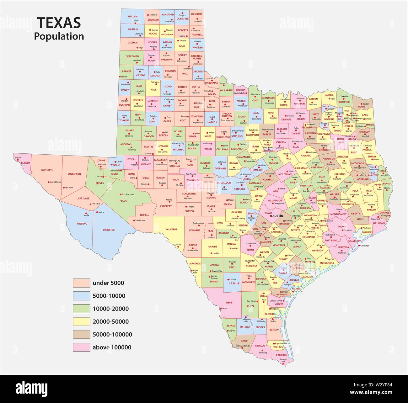 administrative county map of the federal state of texas by population density Stock Vector