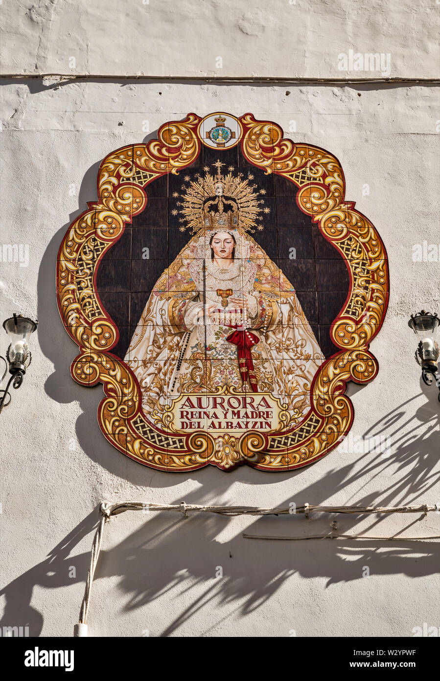 Virgin Mary tile image at Iglesia de San Gregorio Bético, church in Albayzin quarter in Granada, Andalusia, Spain Stock Photo