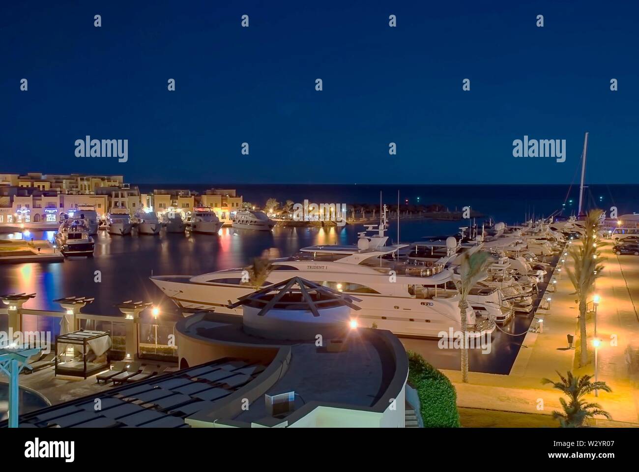 Abu Tig Marina in El Gouna, Egypt at night Stock Photo