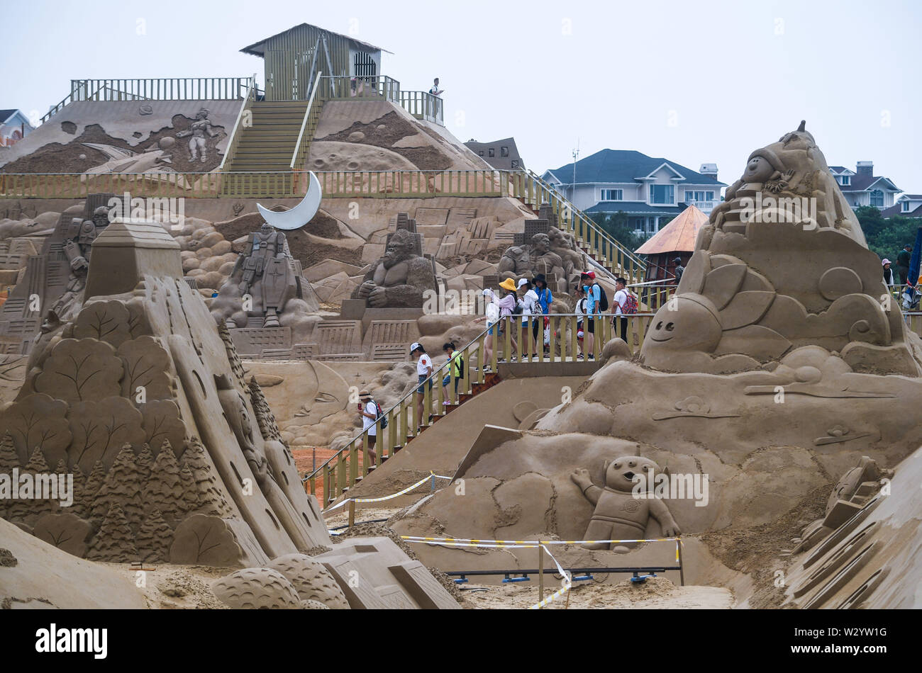 190711) -- ZHOUSHAN, July 11, 2019 (Xinhua) -- Sand sculptures are  displayed at a sand sculpture park in Zhujiajian resort of Zhoushan City,  east China's Zhejiang Province, July 10, 2019. About 30