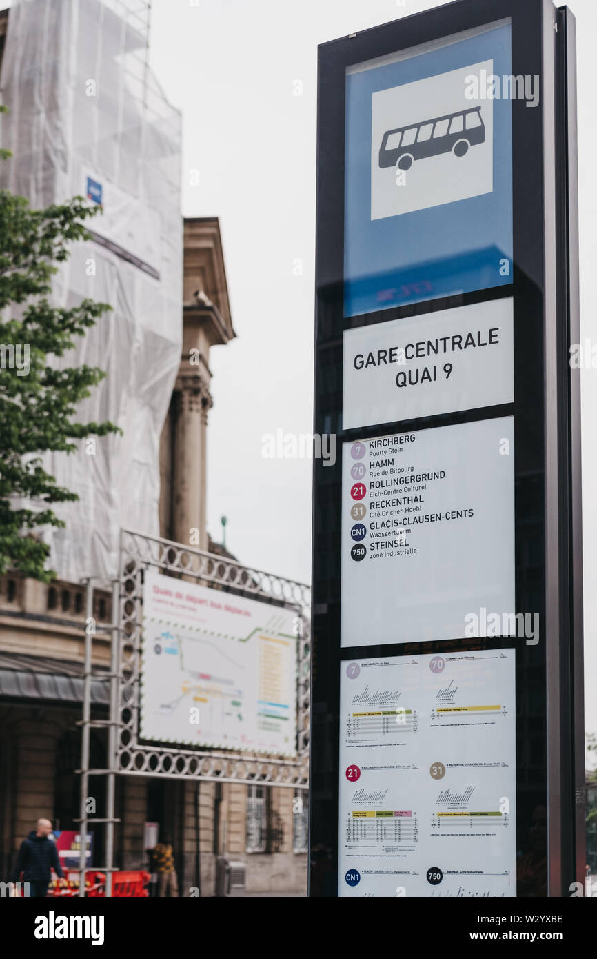 Luxembourg City, Luxembourg - May 19, 2019: Low angle view of a sign with  routes and directions at a bus stop outside of Gare de Luxembourg, the main  Stock Photo - Alamy
