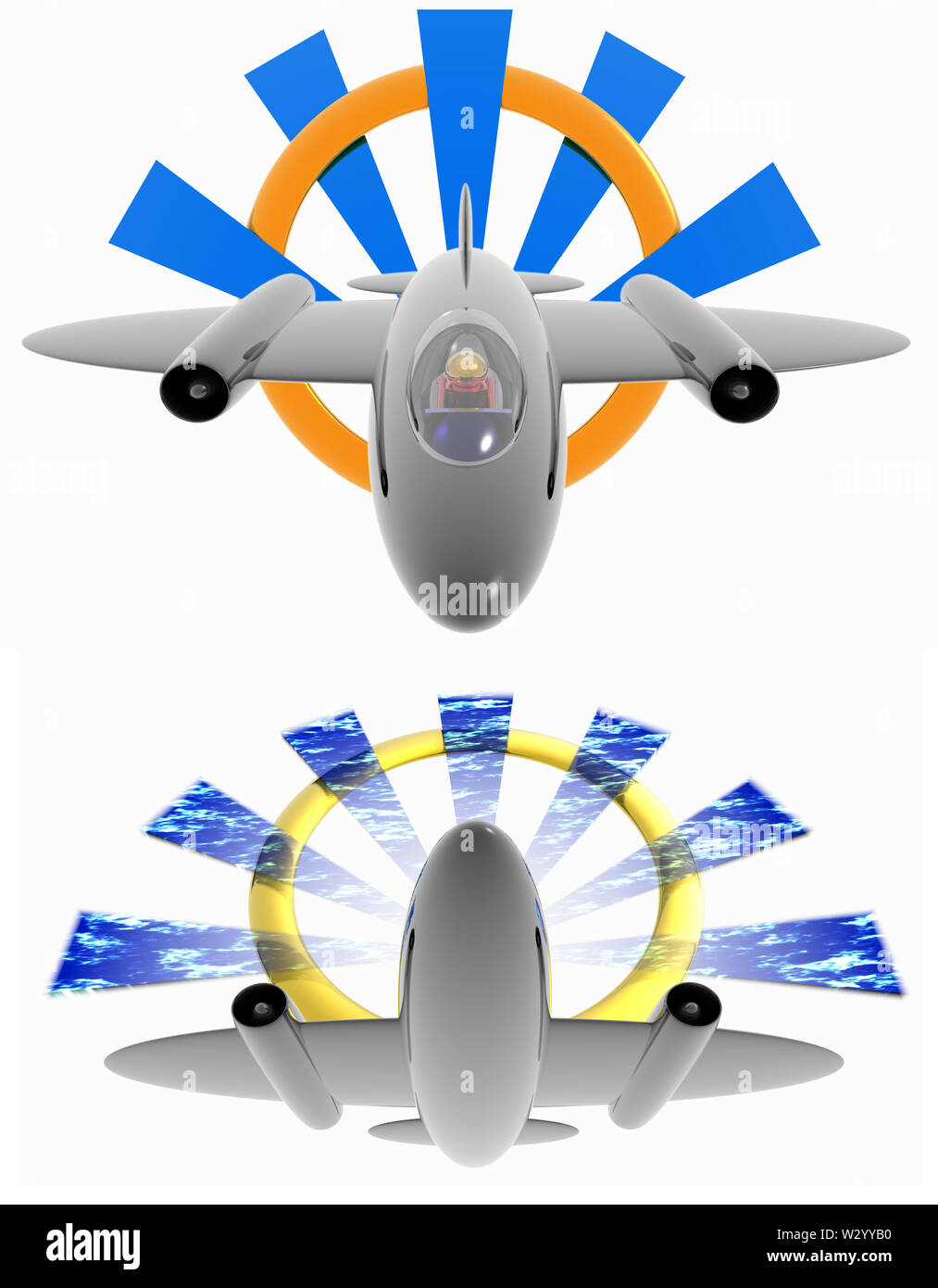 An illustration of a jet plane with  a graphic burst behind on a white background Stock Photo