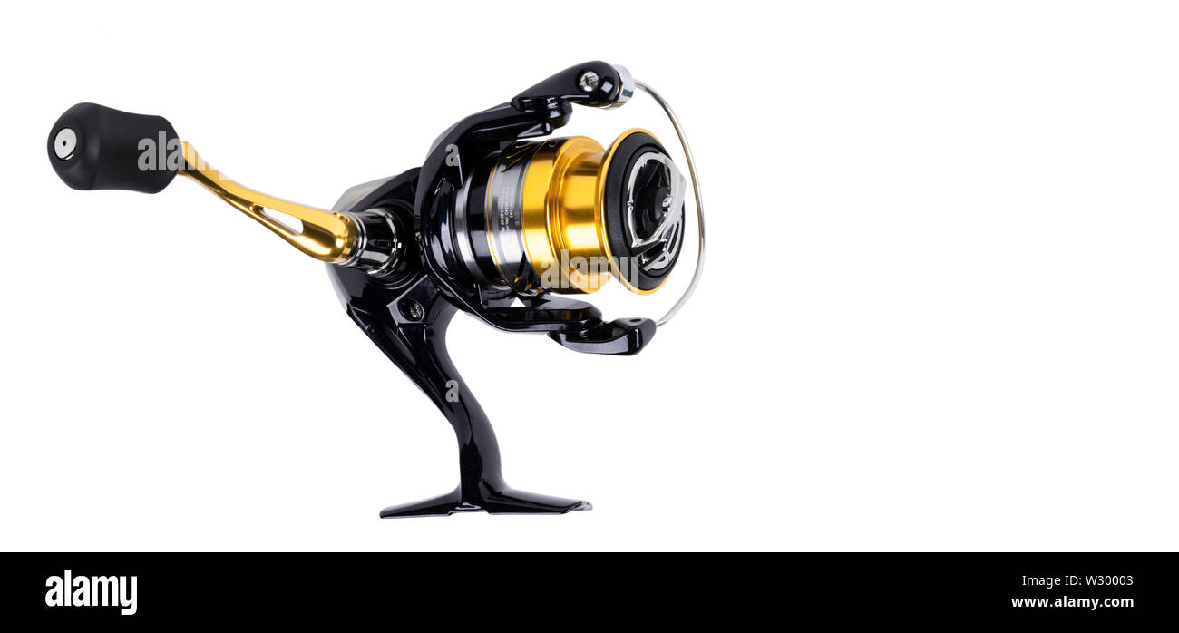 Fishing tackle. Fishing reel isolated on white background with clipping  path. Modern fishing reel isolated. Empty space. Copy space. Mockup Stock  Photo - Alamy