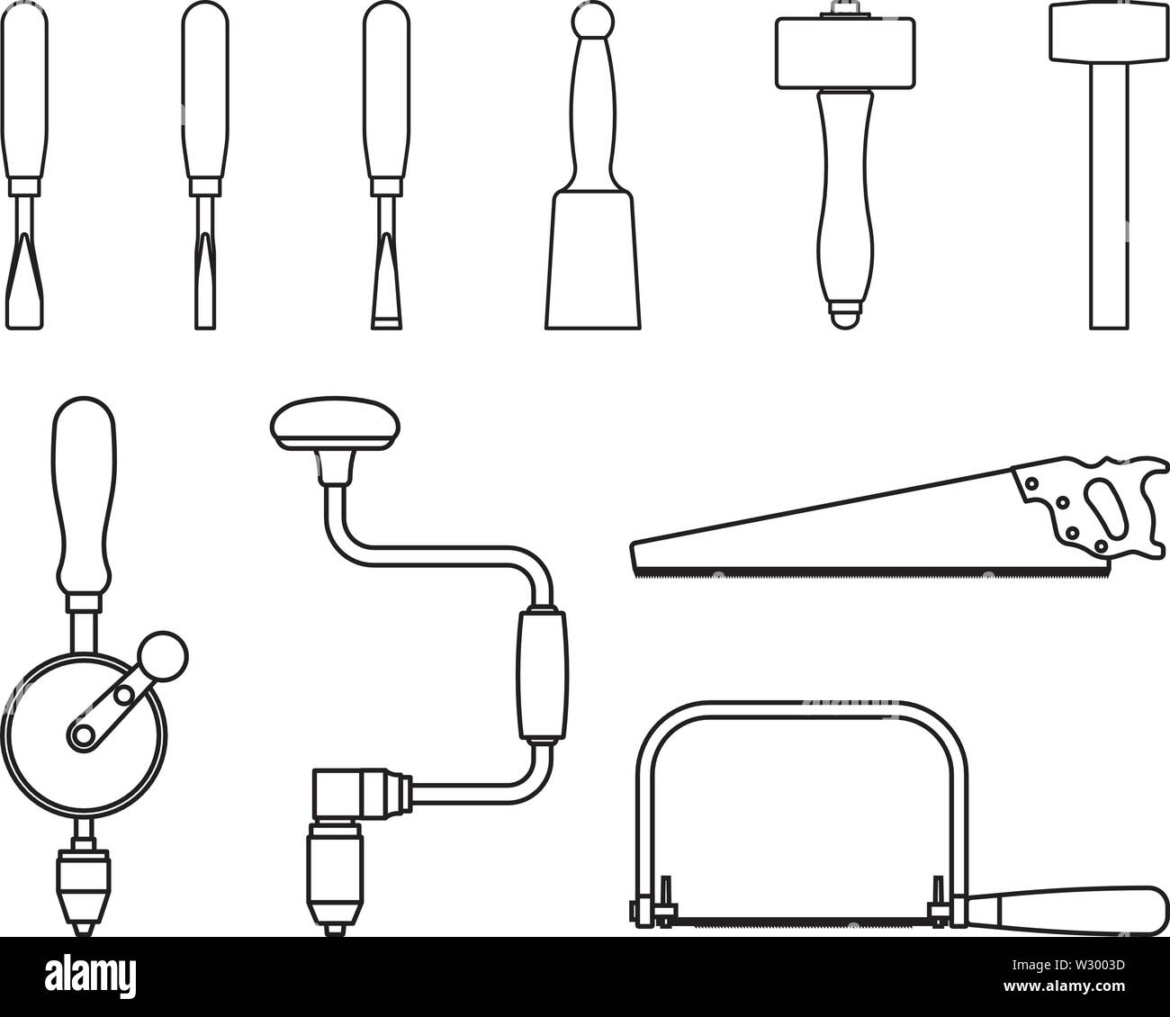 Woodworking hand tools. Flat icons. Vector thin line Stock Vector