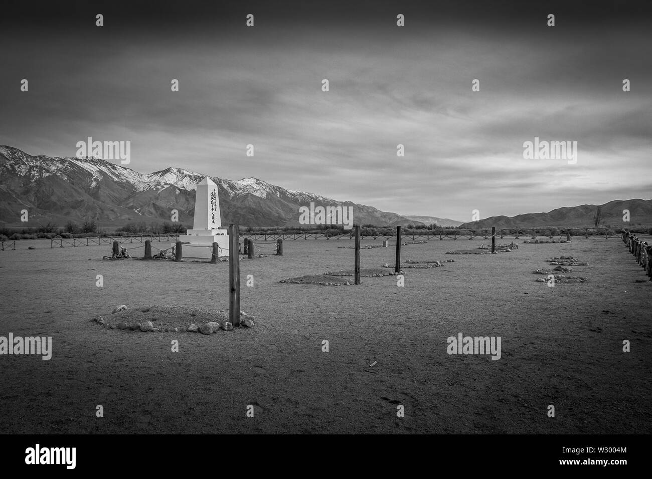 Graveyard at Manzanar National Historic Site in the Eastern Sierra. An interment camp during WWII, 10,000 Japanese Americans were imprisoned here from Stock Photo